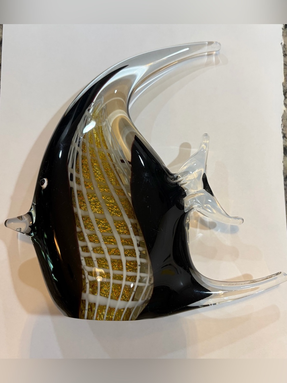 Handblown Glass Angelfish Sculpture in Black and Gold